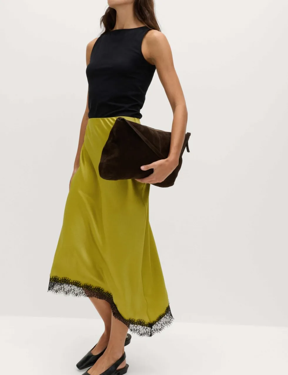 Lace Detail Asymmetric Midi Slip Skirt