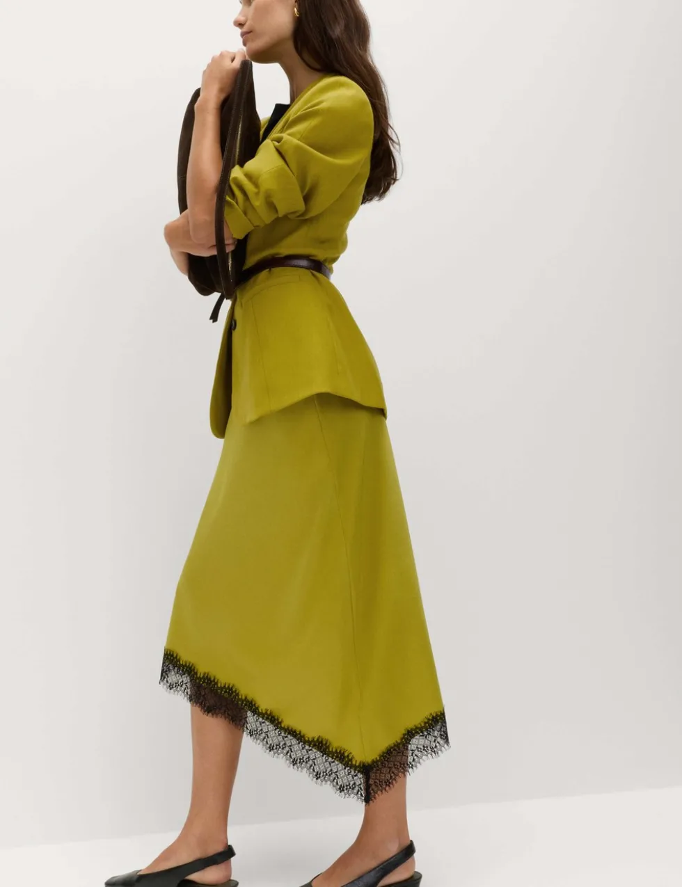 Lace Detail Asymmetric Midi Slip Skirt