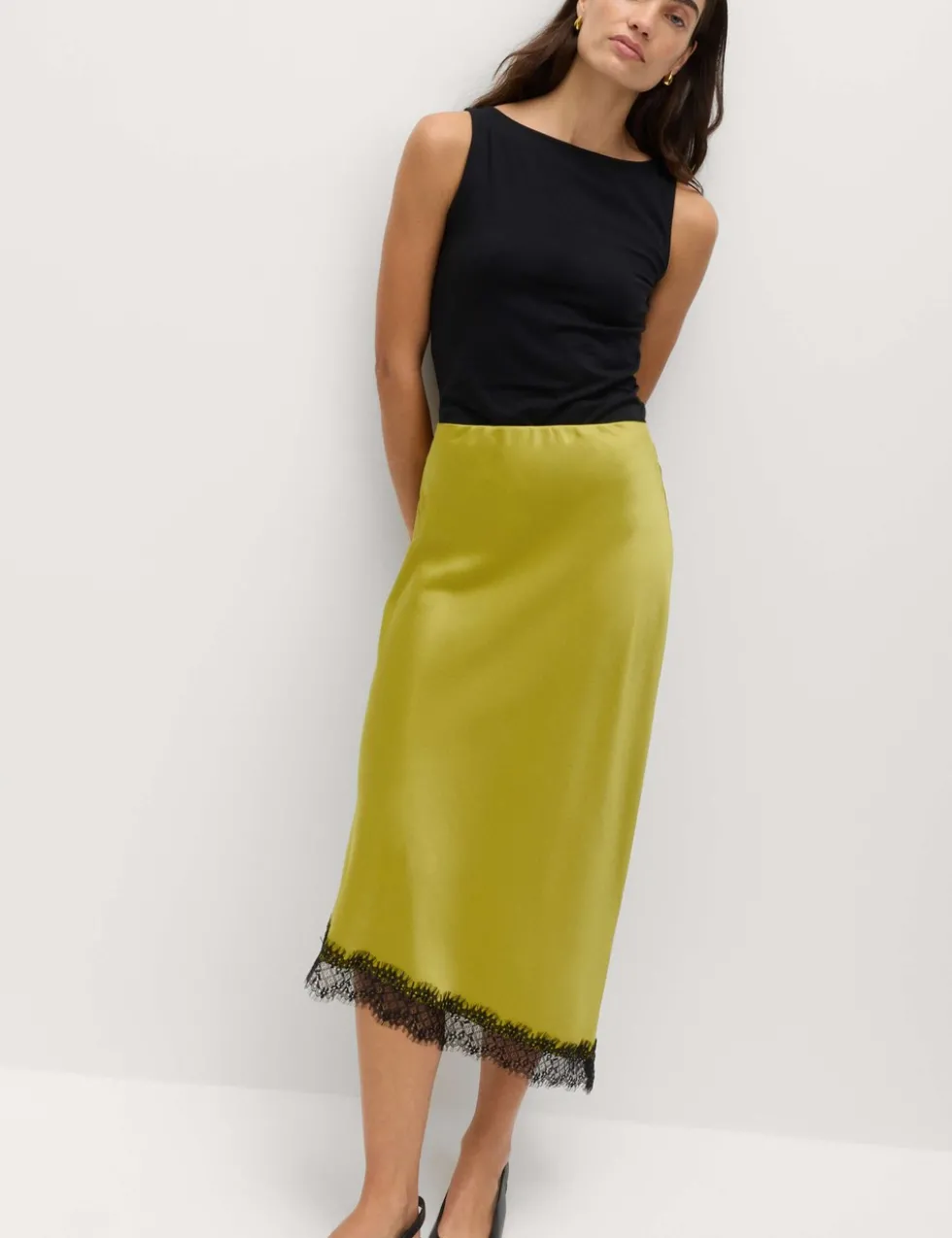 Lace Detail Asymmetric Midi Slip Skirt