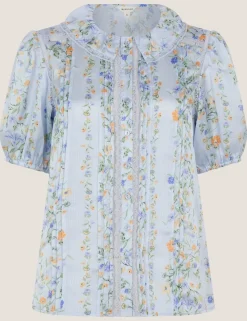 Lace Floral Collared Puff Sleeve Blouse
