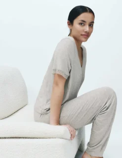 Lace Trim Cuffed Hem Pyjama Set