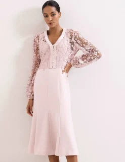 Lace V-Neck Button Detail Midi Tea Dress
