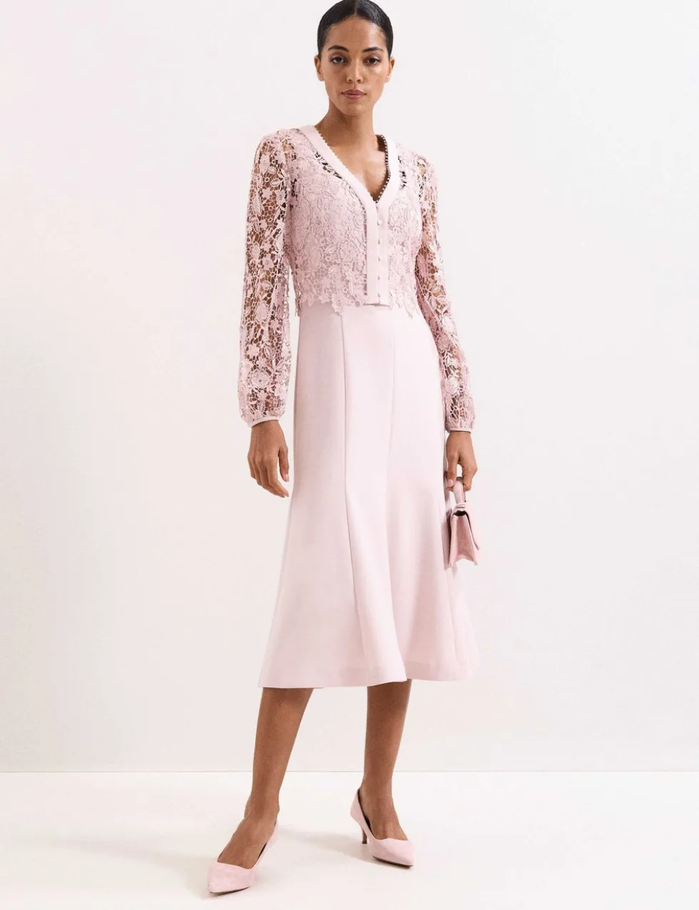 Lace V-Neck Button Detail Midi Tea Dress