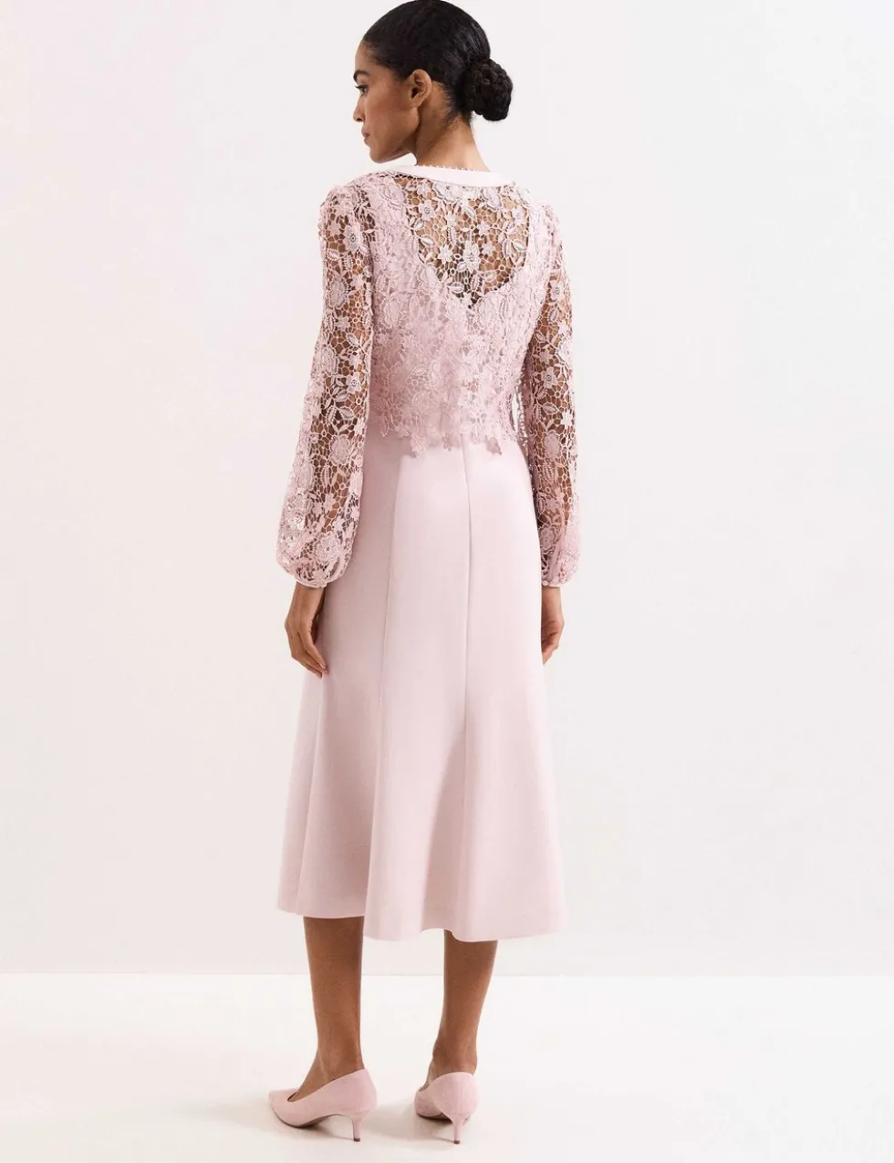 Lace V-Neck Button Detail Midi Tea Dress