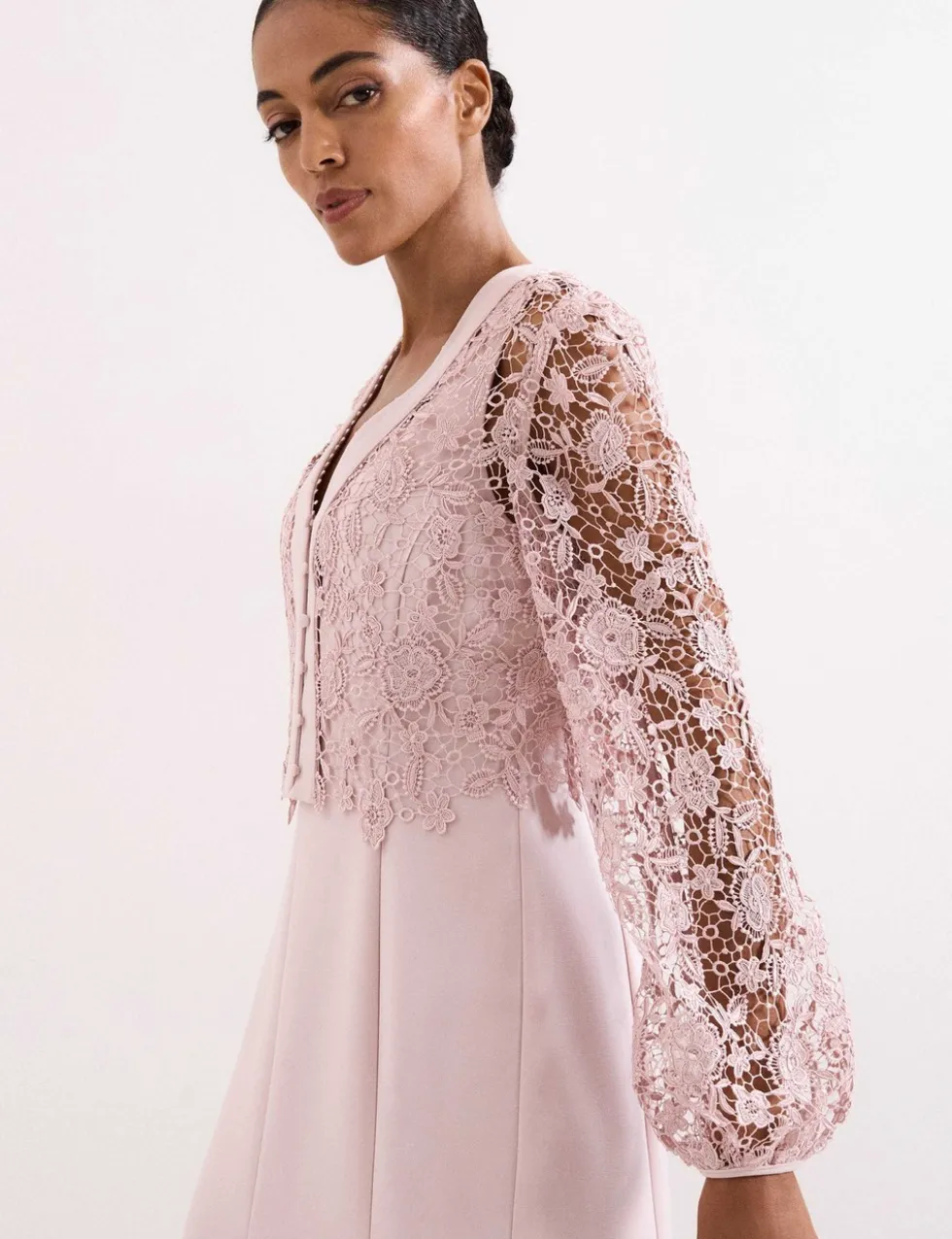 Lace V-Neck Button Detail Midi Tea Dress
