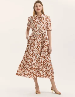 Leaf Print Midi Shirt Dress