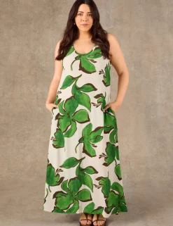 Leaf Print Scoop Neck Maxi Shift Dress