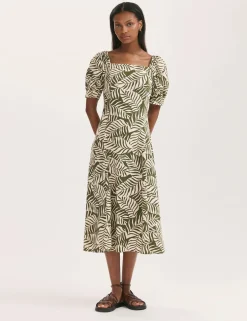 Leaf Print Square Neck Midi Tea Dress