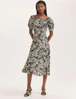 Leaf Print Square Neck Midi Tea Dress