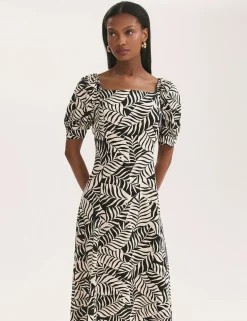 Leaf Print Square Neck Midi Tea Dress