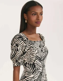 Leaf Print Square Neck Midi Tea Dress
