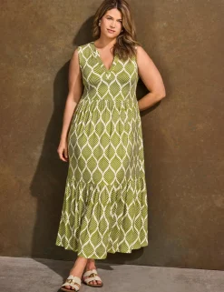 Leaf Print V-Neck Maxi Tiered Dress