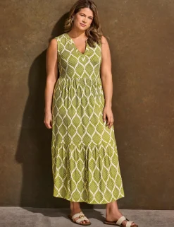 Leaf Print V-Neck Maxi Tiered Dress