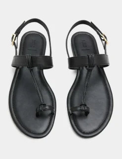 Leather Ankle Strap Flat Toe Loop Sandals
