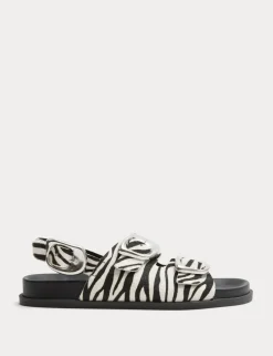 Leather Buckle Animal Print Flat Sandals