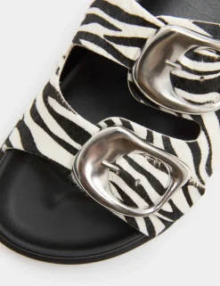 Leather Buckle Animal Print Flat Sandals