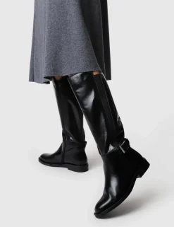 Leather Buckle Knee High Boots