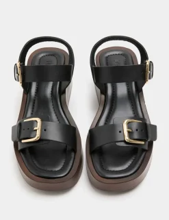 Leather Buckle Wedge Sandals