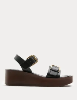 Leather Buckle Wedge Sandals