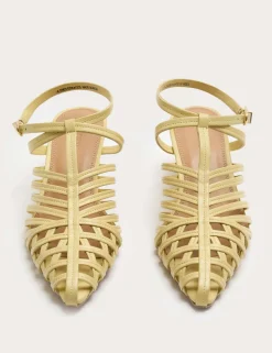 Leather Caged Strappy Kitten Heel Sandals