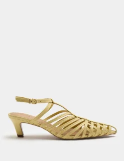 Leather Caged Strappy Kitten Heel Sandals