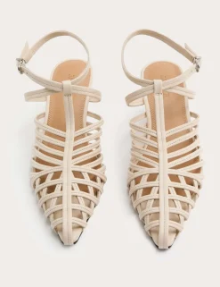 Leather Caged Strappy Kitten Heel Sandals