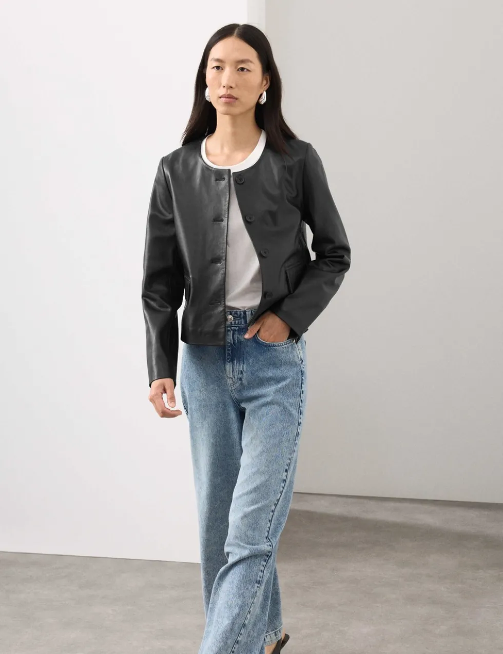 Leather Collarless Jacket