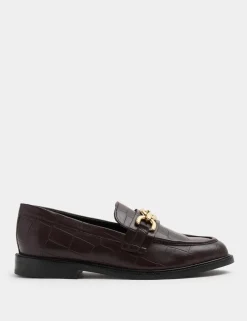 Leather Croc Trim Flat Loafers