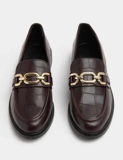 Leather Croc Trim Flat Loafers