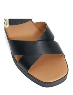 Leather Cross Strap Block Heel Sandals