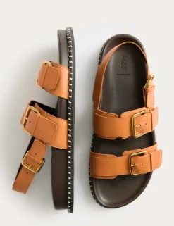 Leather Double Buckle Footbed Sandals