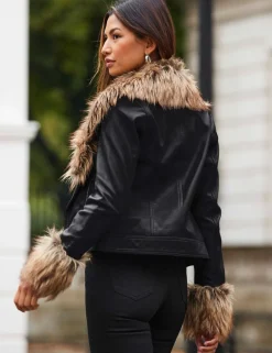 Leather Faux Fur Trim Biker Jacket