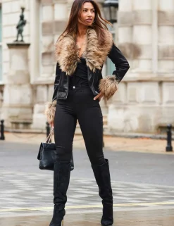Leather Faux Fur Trim Biker Jacket