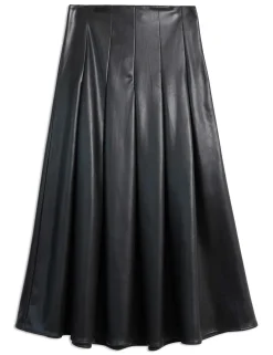 Leather Look Pleated Midi A-Line Skirt