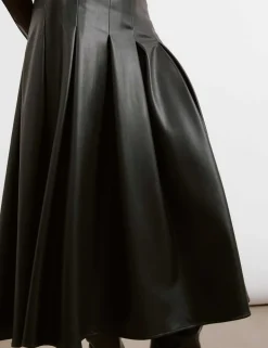 Leather Look Pleated Midi A-Line Skirt