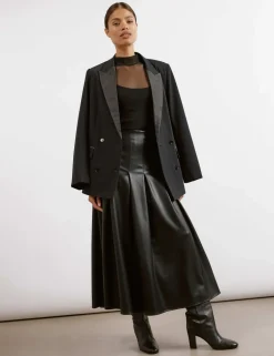 Leather Look Pleated Midi A-Line Skirt