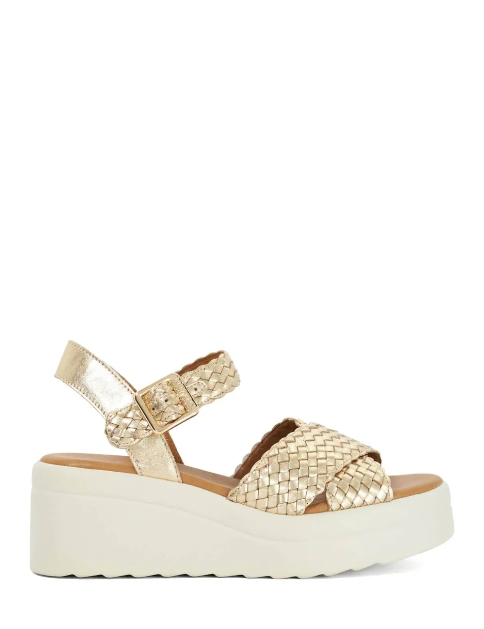 Leather Metallic Ankle Strap Wedge Sandals
