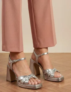 Leather Metallic Block Heel Open Toe Sandals