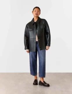 Leather Relaxed Collared Biker Jacket