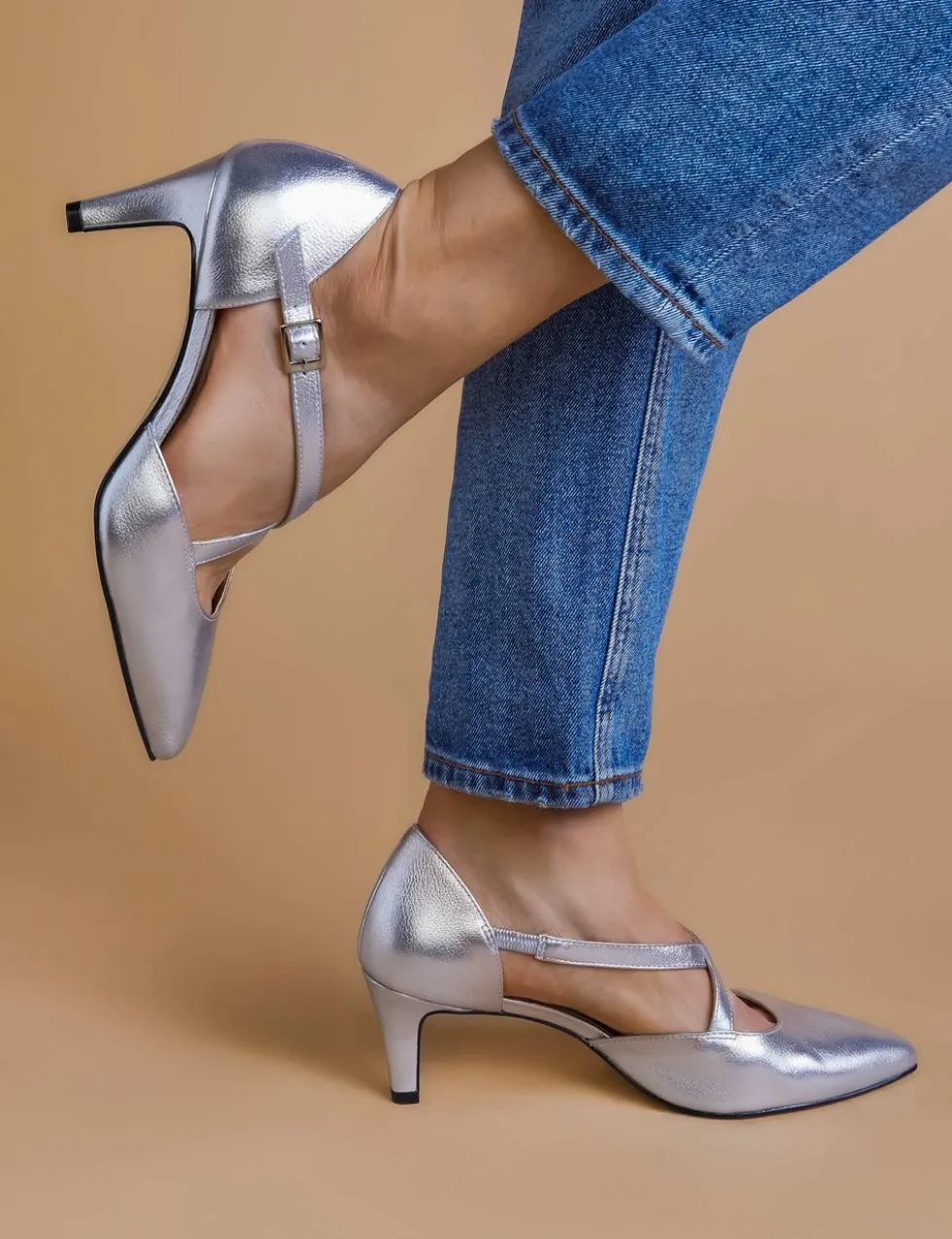 Leather Strappy Kitten Heel Pointed Court Shoes