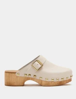 Leather Studded Buckle Block Heel Clogs