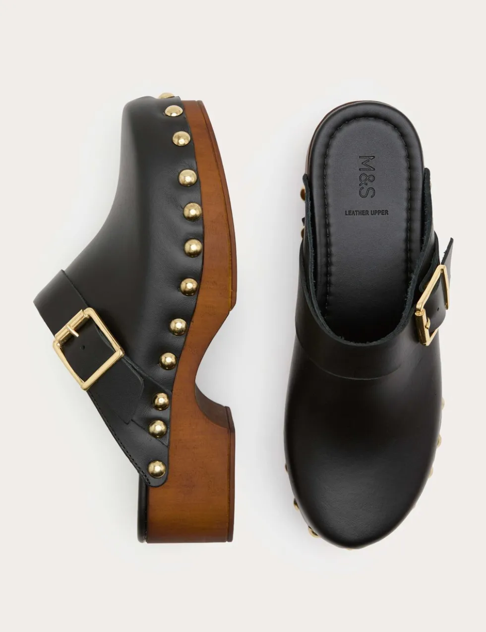 Leather Studded Buckle Block Heel Clogs