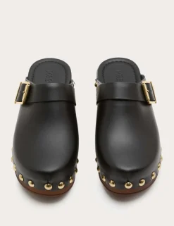 Leather Studded Buckle Block Heel Clogs