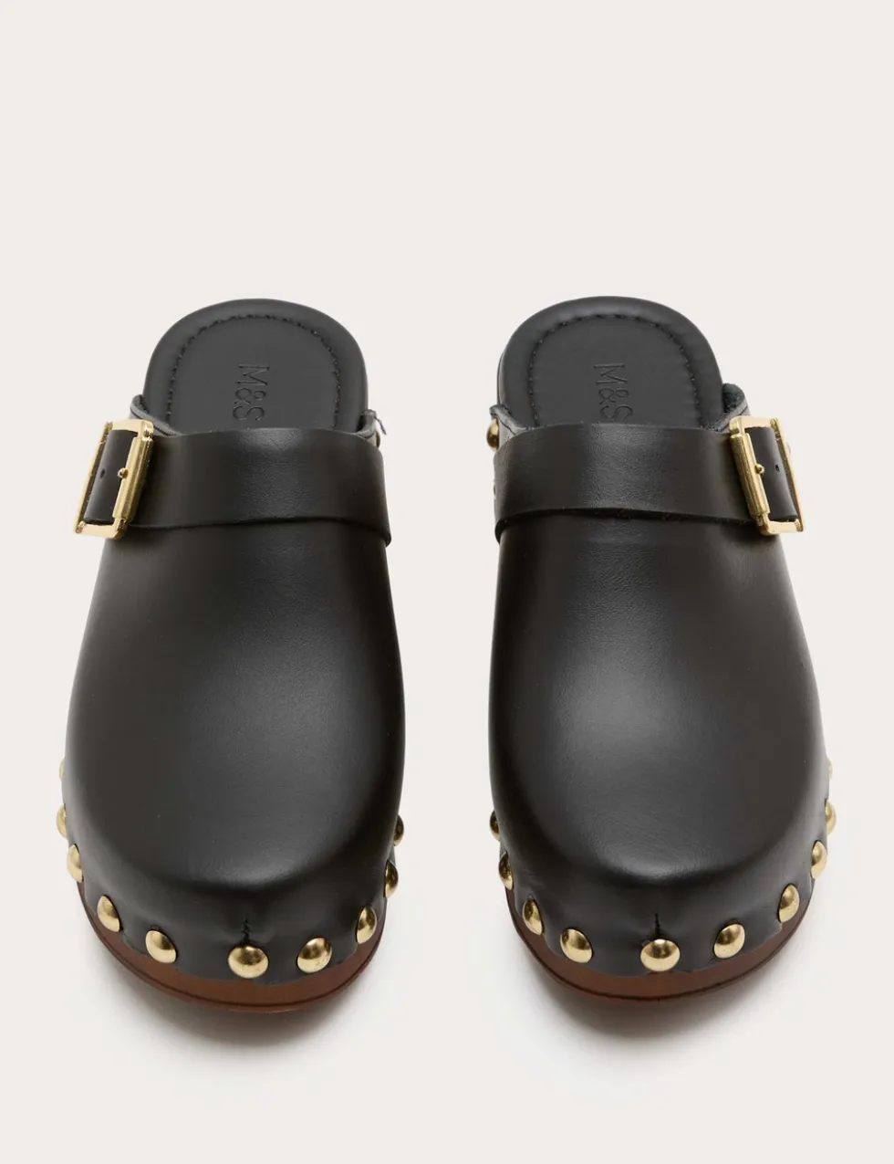 Leather Studded Buckle Block Heel Clogs