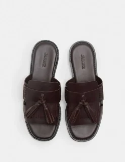 Leather Tassel Flat Loafer Mules