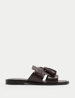 Leather Tassel Flat Loafer Mules