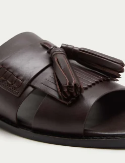 Leather Tassel Flat Loafer Mules