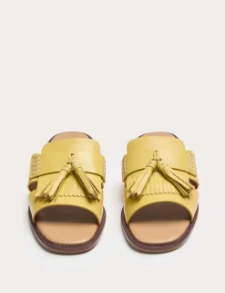 Leather Tassel Flat Loafer Mules