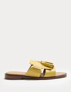 Leather Tassel Flat Loafer Mules