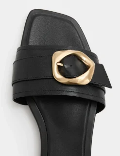 Leather Trim Flat Mule Sandals